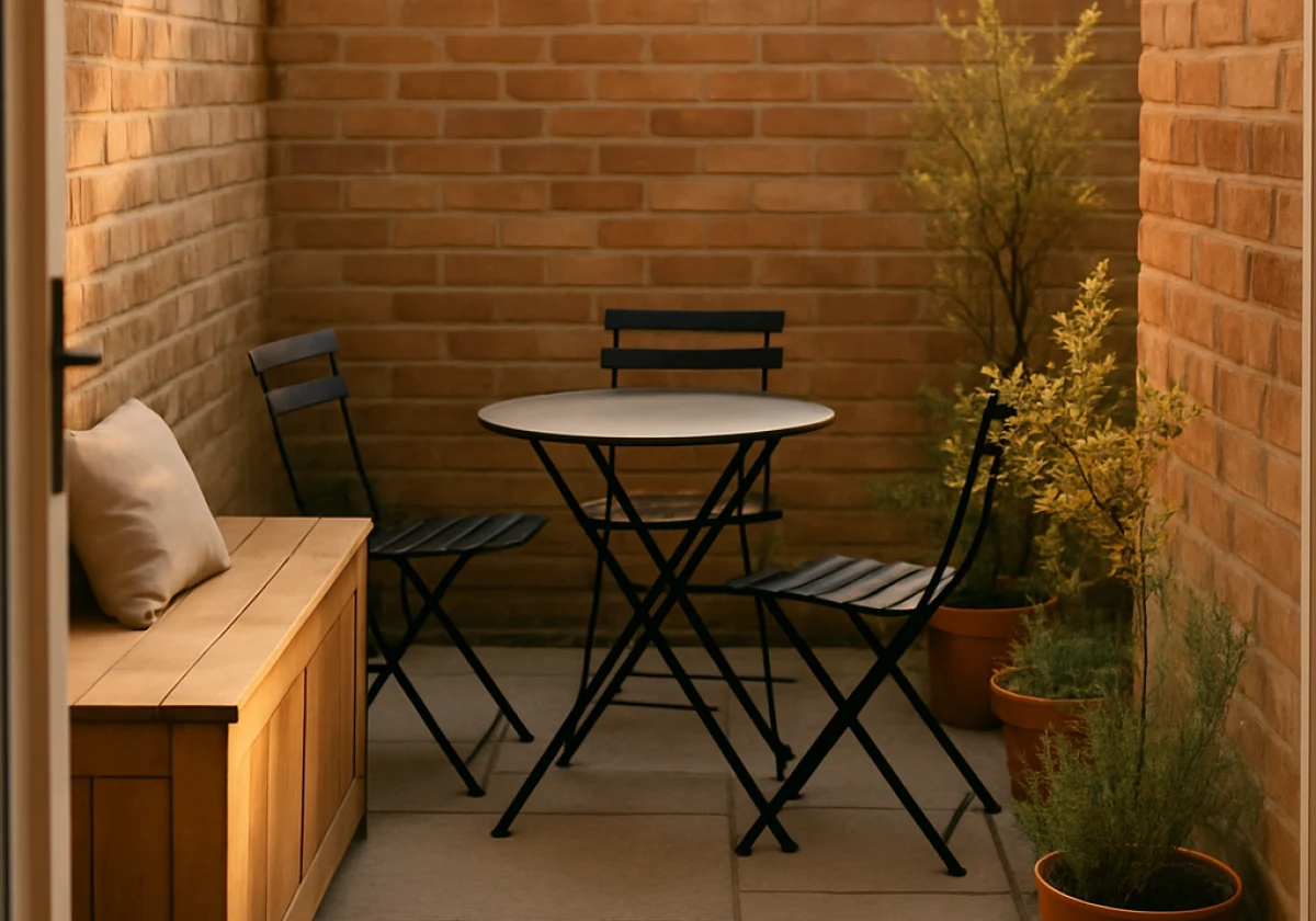 Small terrace patio photographed from the back door looking across